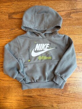Nike Kids Olive Gray Pullover Hoodie with White and Neon Yellow Logo